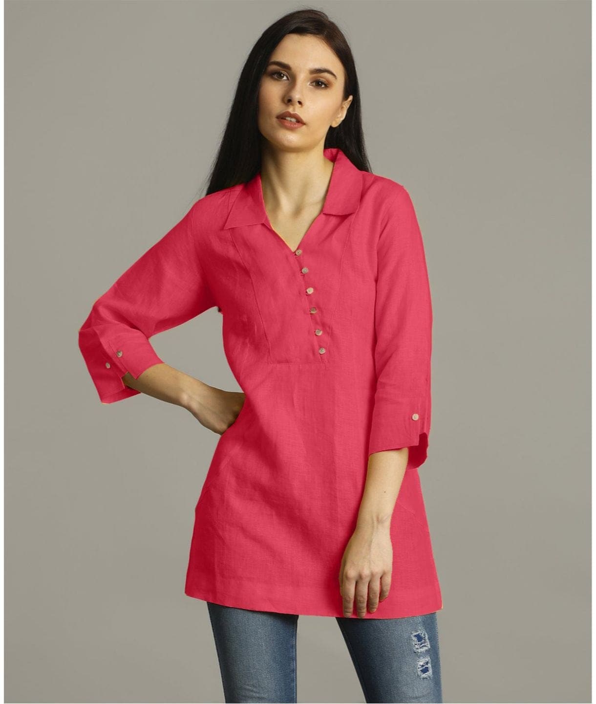 Pink Polo Neck Linen Tunic - Uptownie