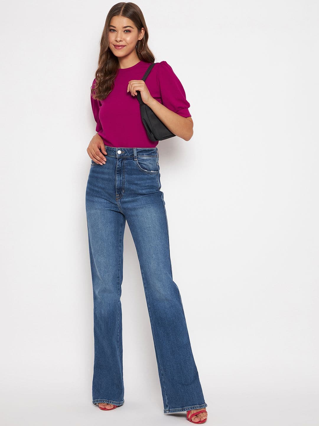 Cotton Solid Stretchable High Neck Puff Sleeve Top - Uptownie