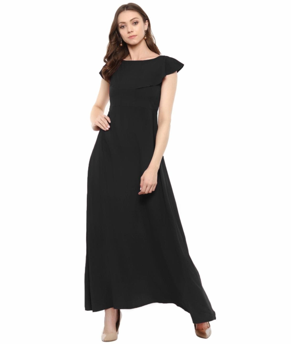 Plus Black Solid Crepe Ruffled Maxi Dress/Gown - Uptownie