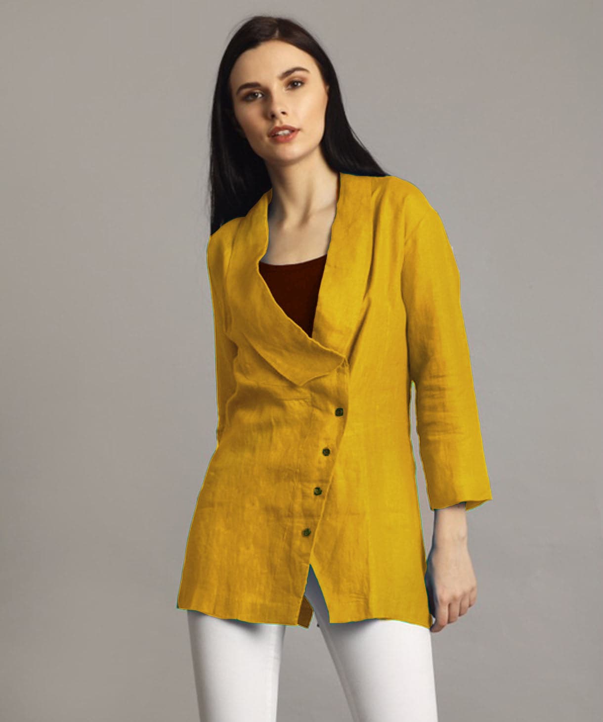 Plus Mustard Linen Jacket Style Tunic - Uptownie