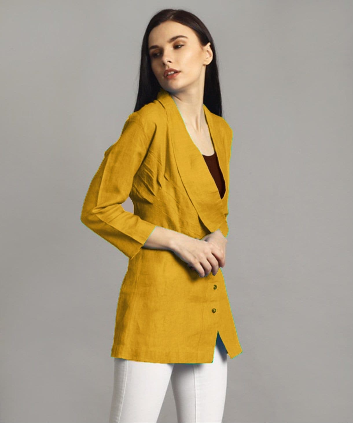 Mustard Linen Jacket Style Tunic - Uptownie