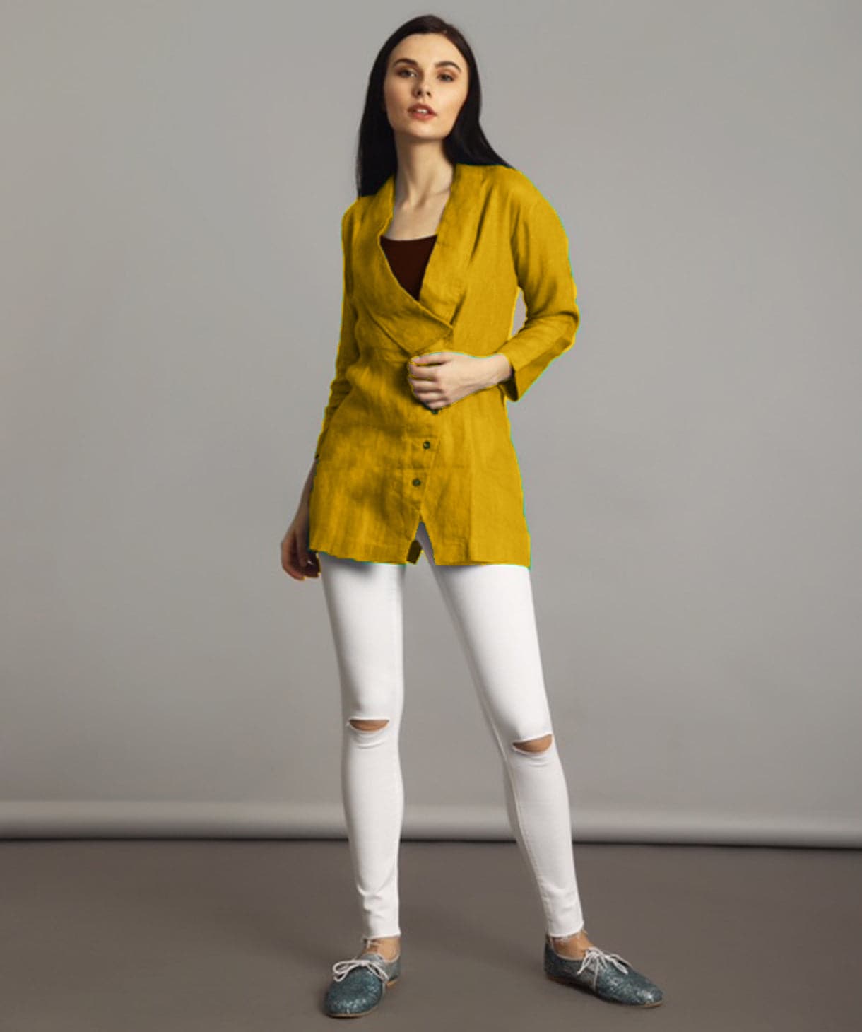 Plus Mustard Linen Jacket Style Tunic - Uptownie