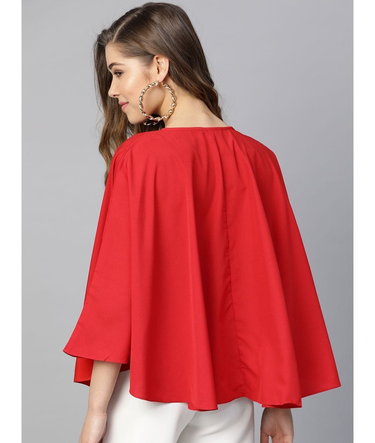 Red Buttoned Crepe Cape Top - Uptownie