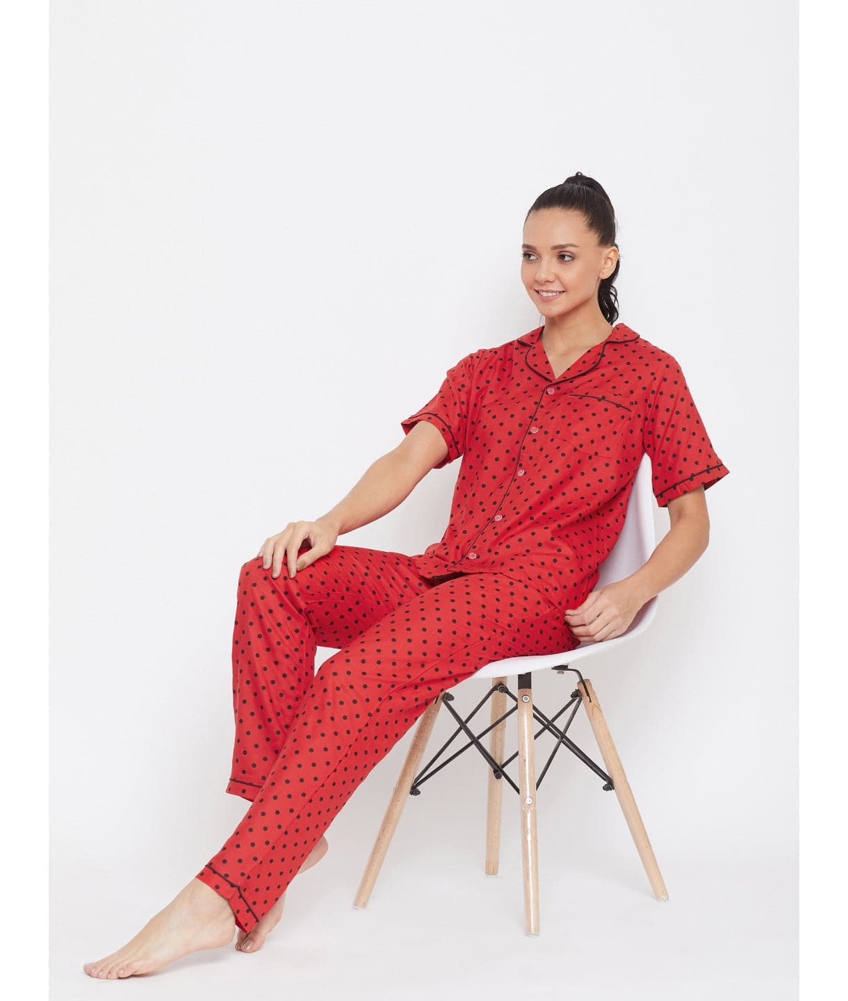 Plus Red Polka Print Cotton Night Suit - Uptownie