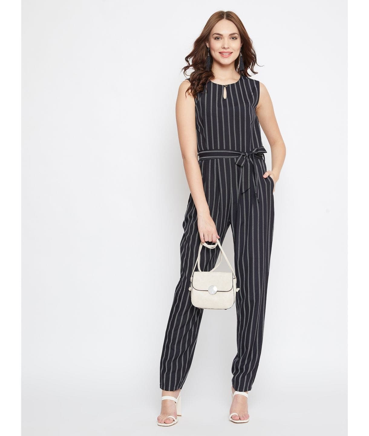Striped Keyhole Jumpsuit with Belt - Uptownie
