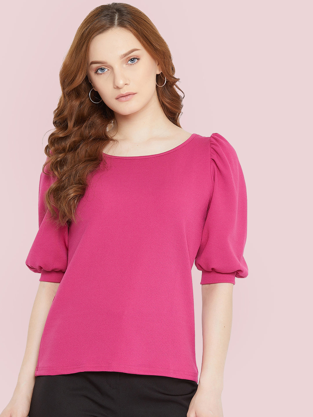 Cotton Solid Stretchable Round Neck Puff Sleeve Top - Uptownie