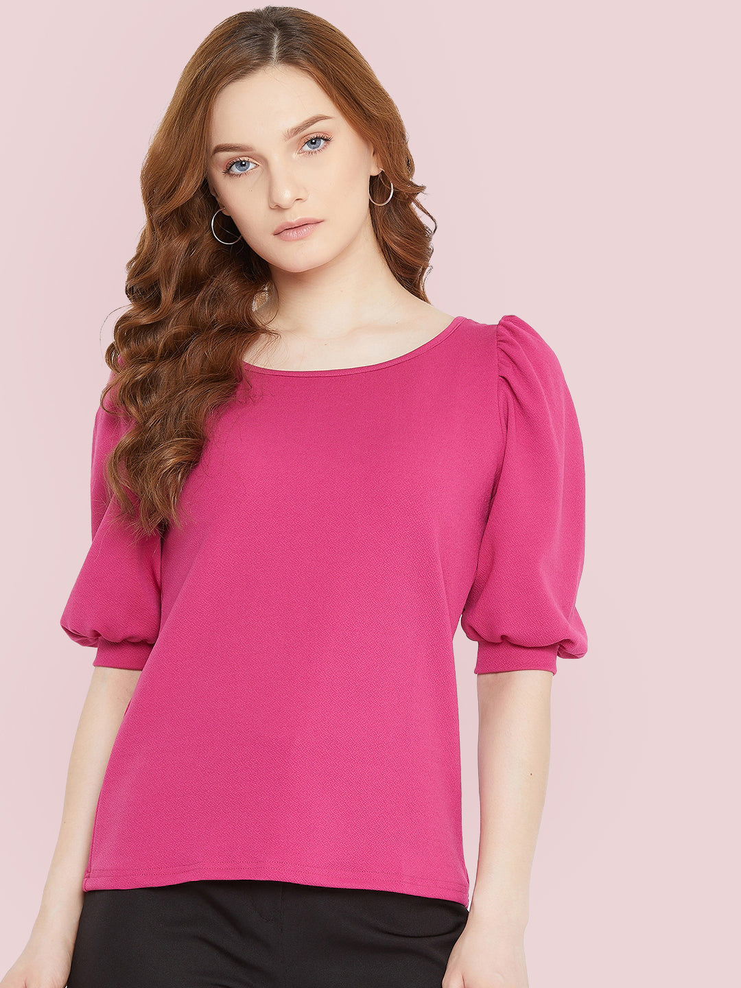 Cotton Stretchable Round Neck Puff Sleeve Top - Uptownie