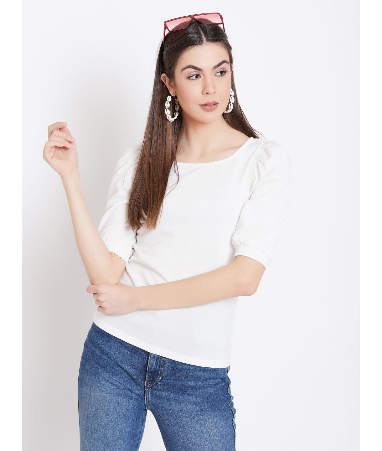 Plus Cotton Solid Stretchable Puff Sleeve Top - Uptownie