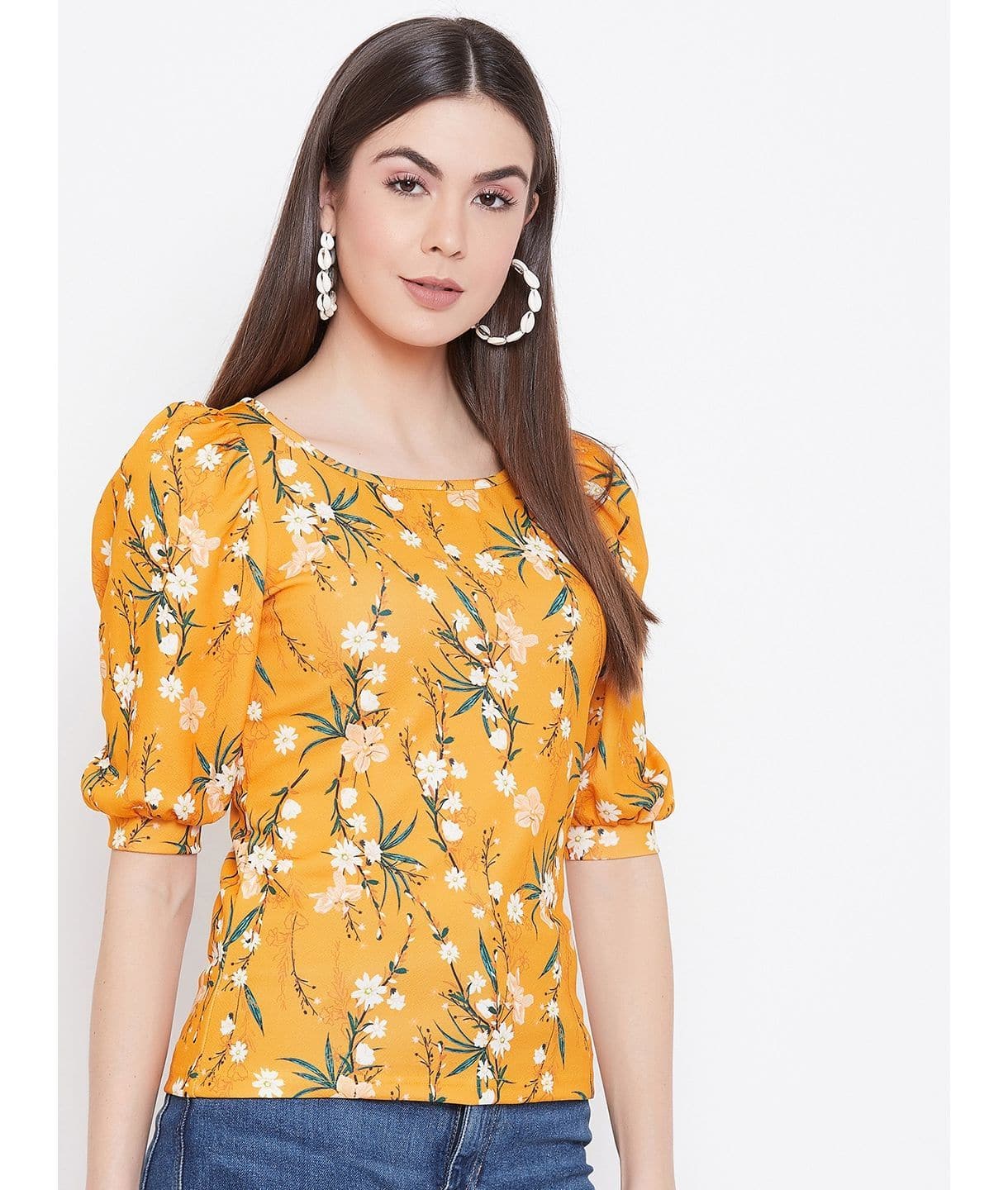 Plus Cotton Floral Stretchable Puff Sleeve Top - Uptownie