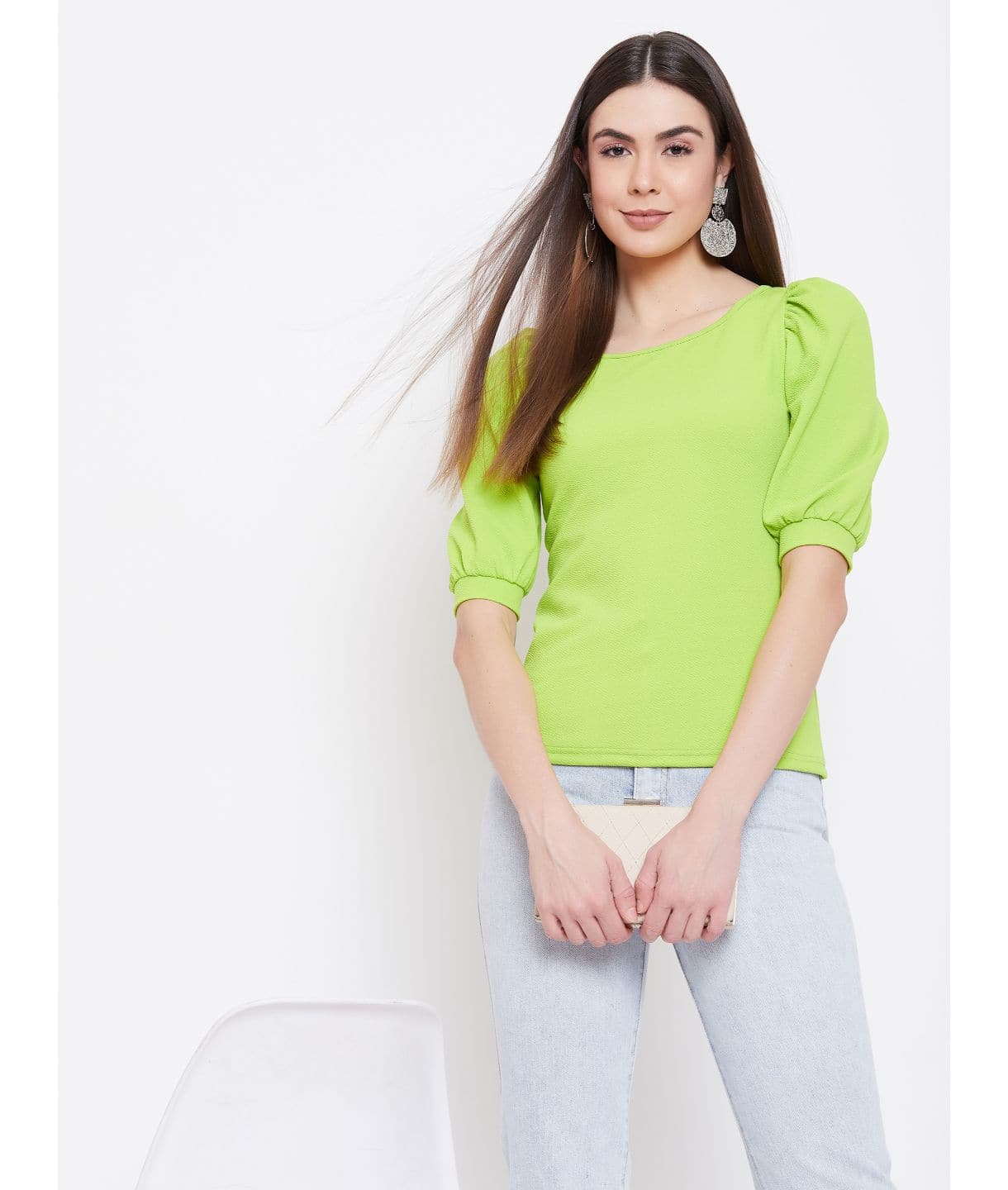 Plus Cotton Solid Stretchable Puff Sleeve Top - Uptownie
