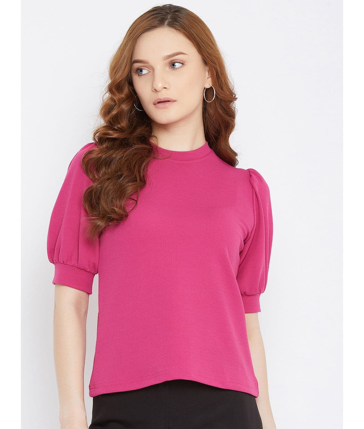 Plus Cotton Solid Stretchable Puff Sleeve Top - Uptownie