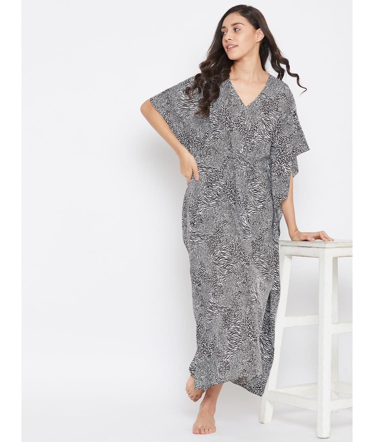 Plus Comfortable Black Printed Kaftan/Nightie - Uptownie