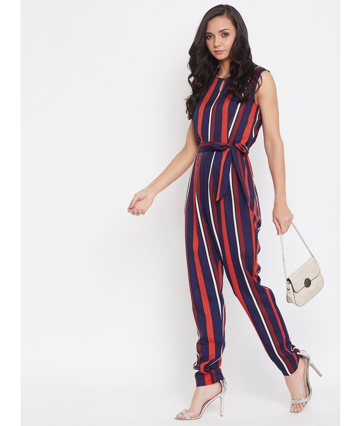 Striped Keyhole Jumpsuit with Belt - Uptownie