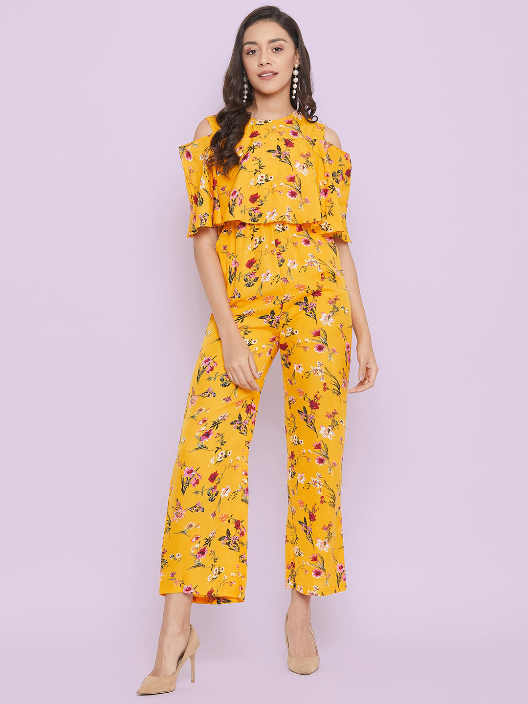 Floral Cold Shoulder Flared Jumpsuit - Uptownie