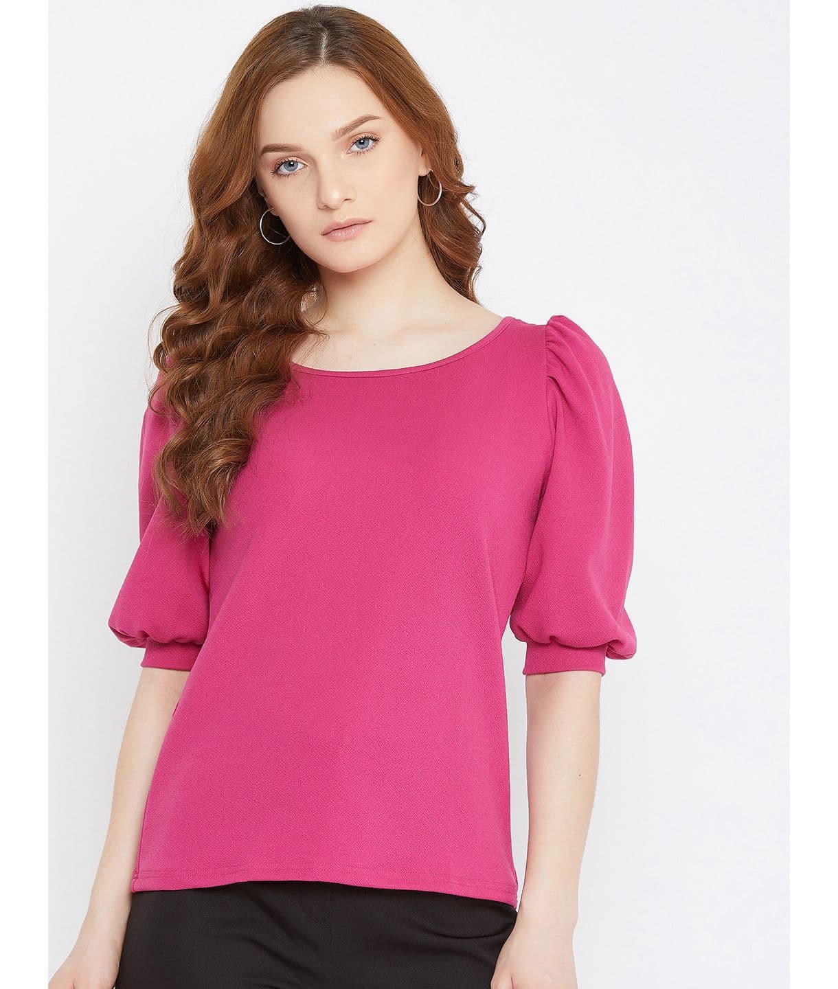 Plus Cotton Solid Stretchable Puff Sleeve Top - Uptownie