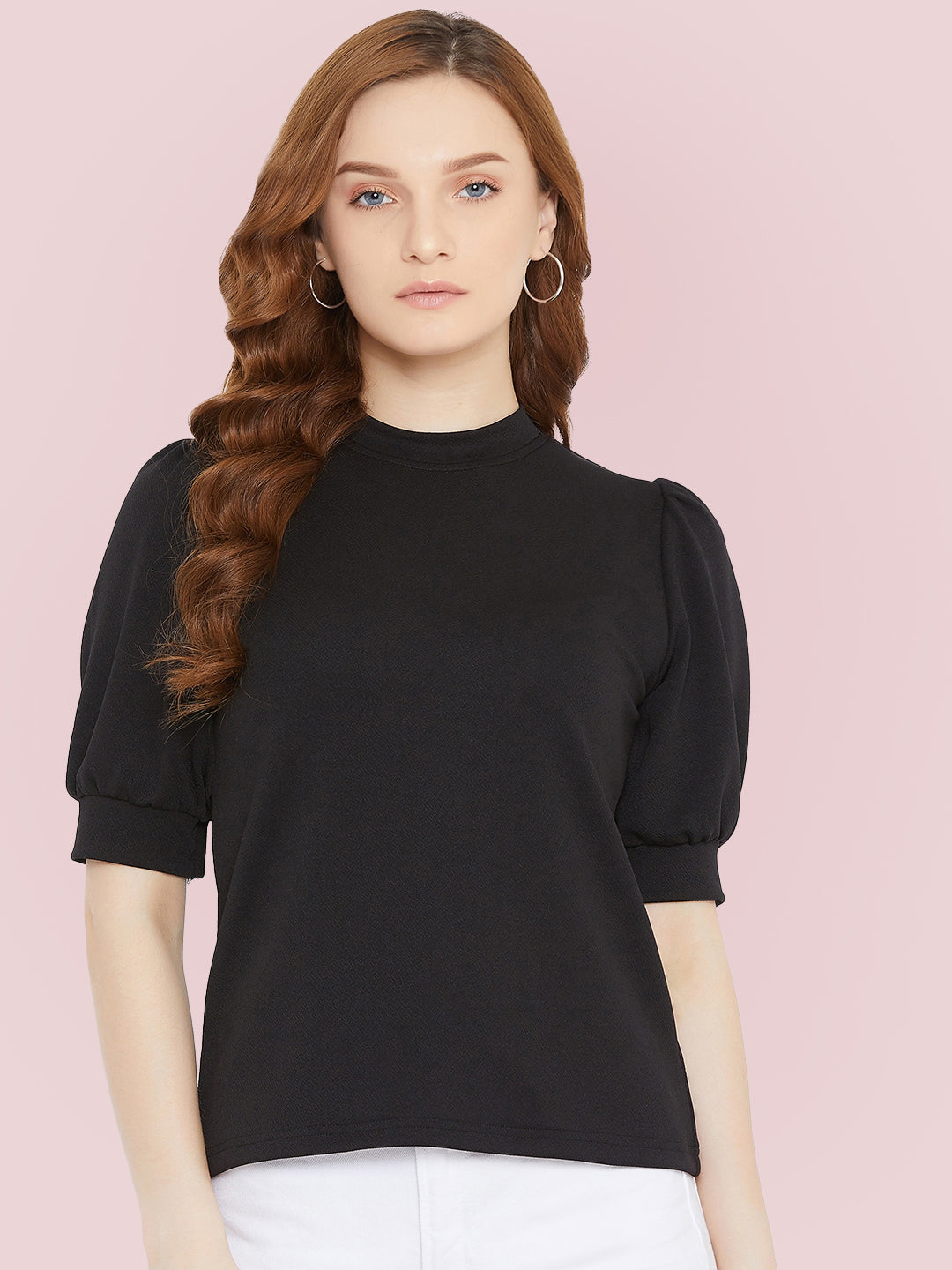 Cotton Solid Stretchable High Neck Puff Sleeve Top - Uptownie
