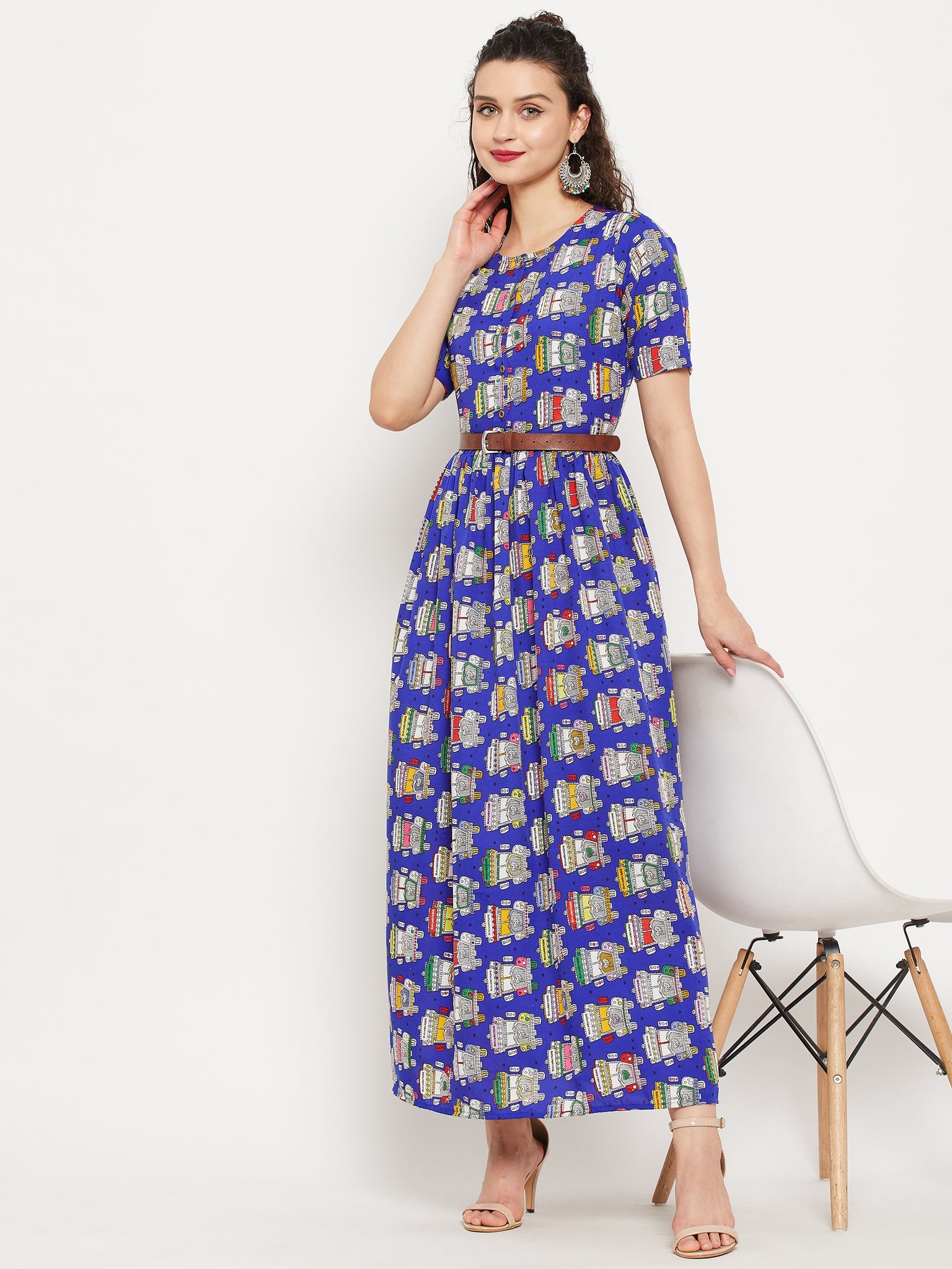 Printed Maxi Dress with Belt - Uptownie