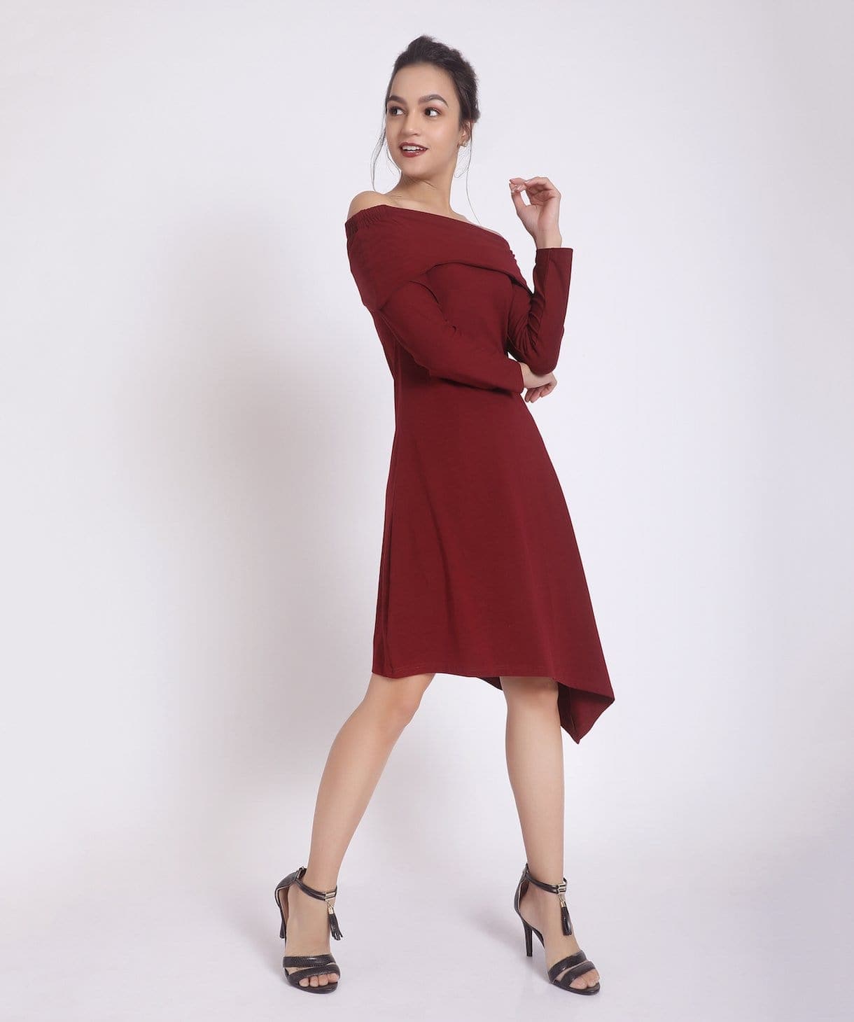 Solid Maroon Off Shoulder Knitted Dress - Uptownie