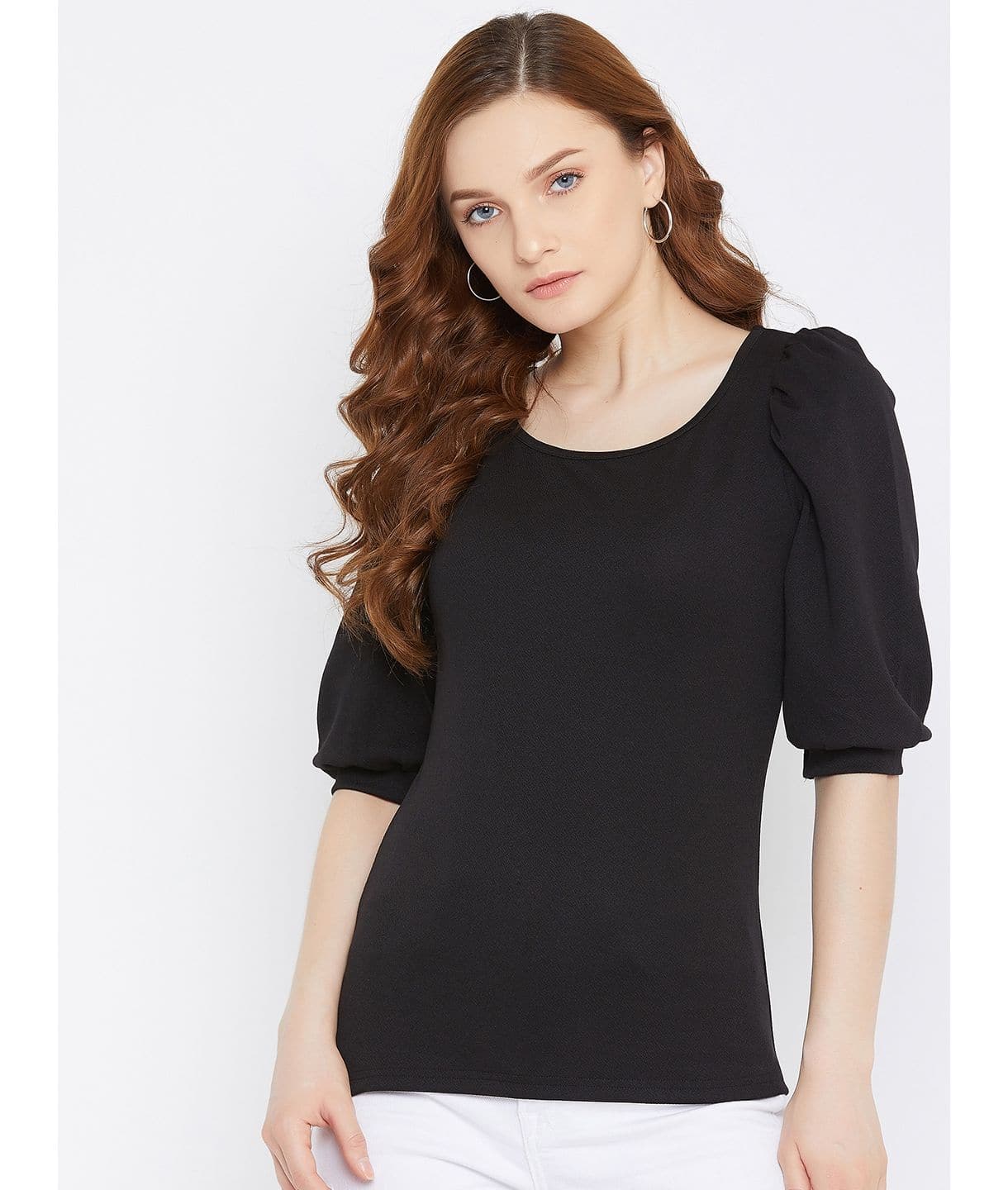 Plus Cotton Solid Stretchable Puff Sleeve Top - Uptownie