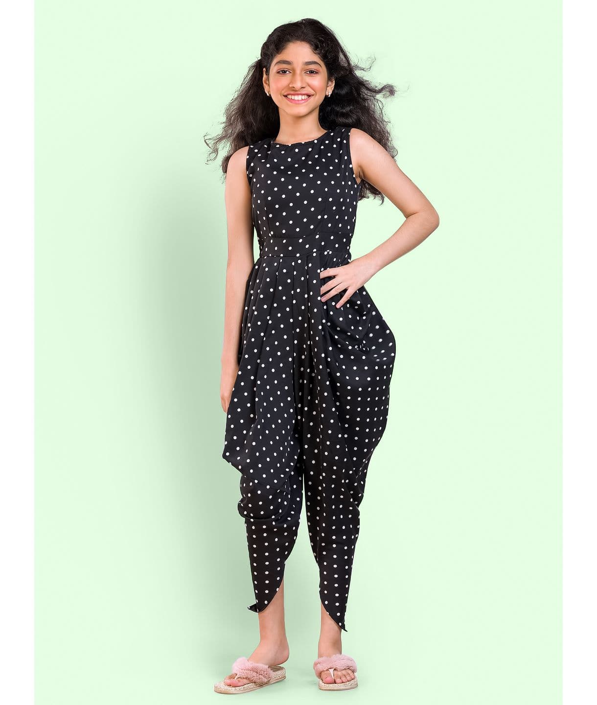 Elasticated Polka Print Dhoti Jumpsuit for Girls - Uptownie