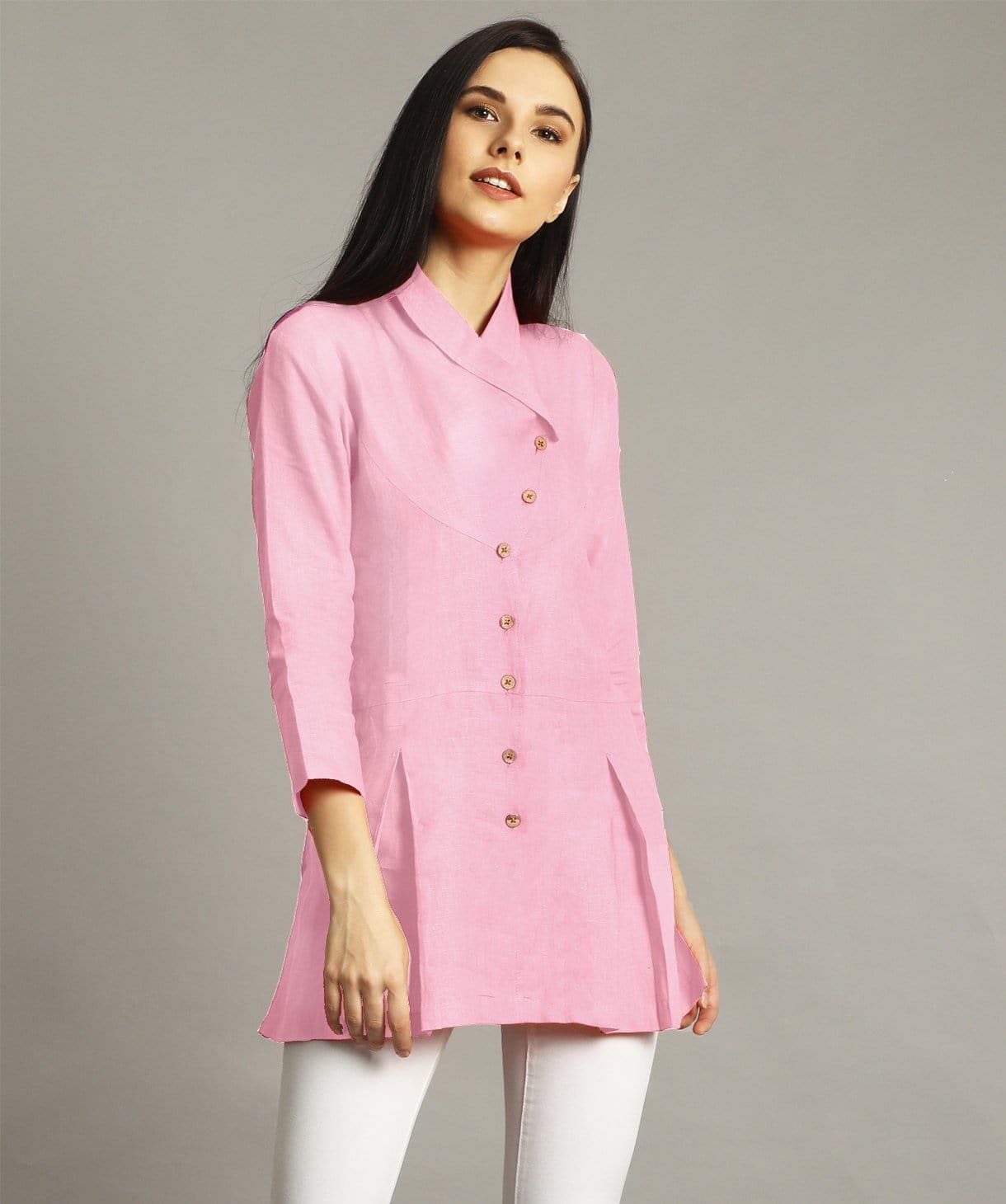 Baby Pink Wrap Collar Neck Linen Tunic - Uptownie