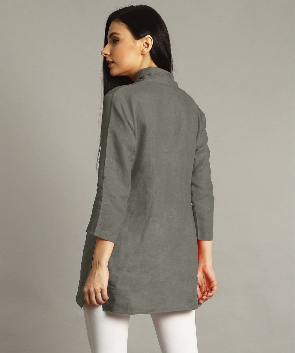 Grey Wrap Collar Neck Linen Tunic - Uptownie