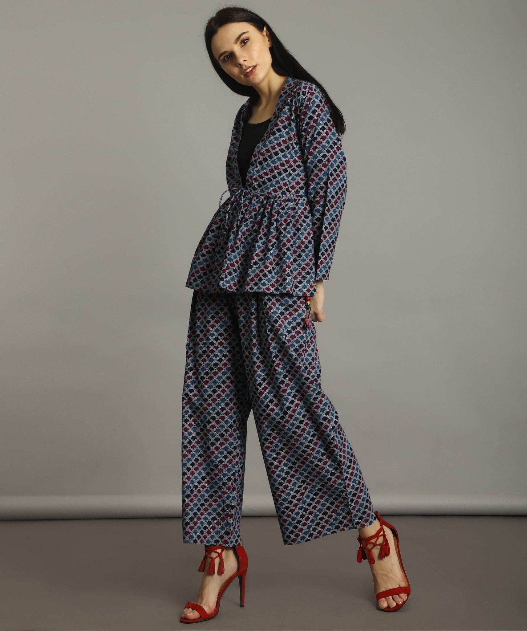 Blue Printed Linen Cotton Palazzo - Uptownie