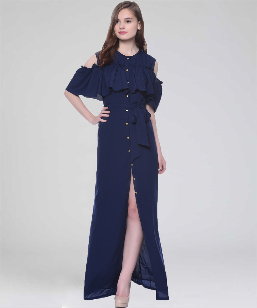 Ruffled Buttoned Cold Shoulder Maxi Dress - Uptownie