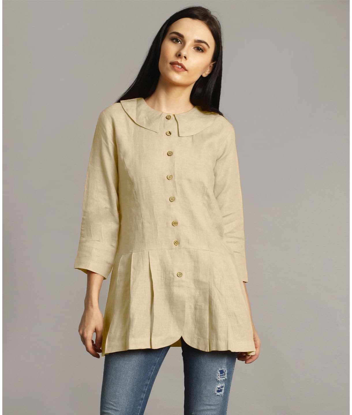 Plus Off White Peter Pan Neck Linen Tunic - Uptownie