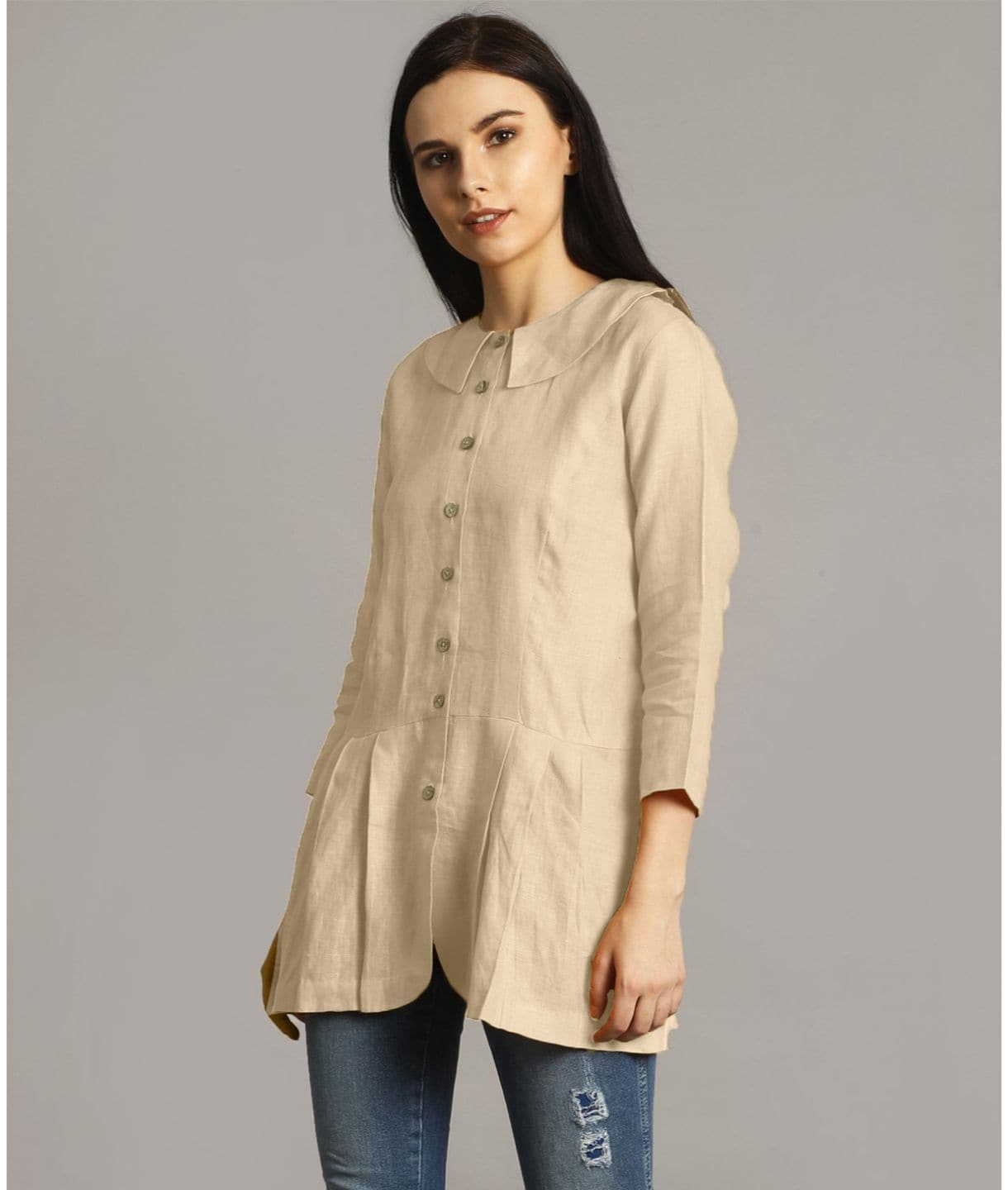Plus Off White Peter Pan Neck Linen Tunic - Uptownie