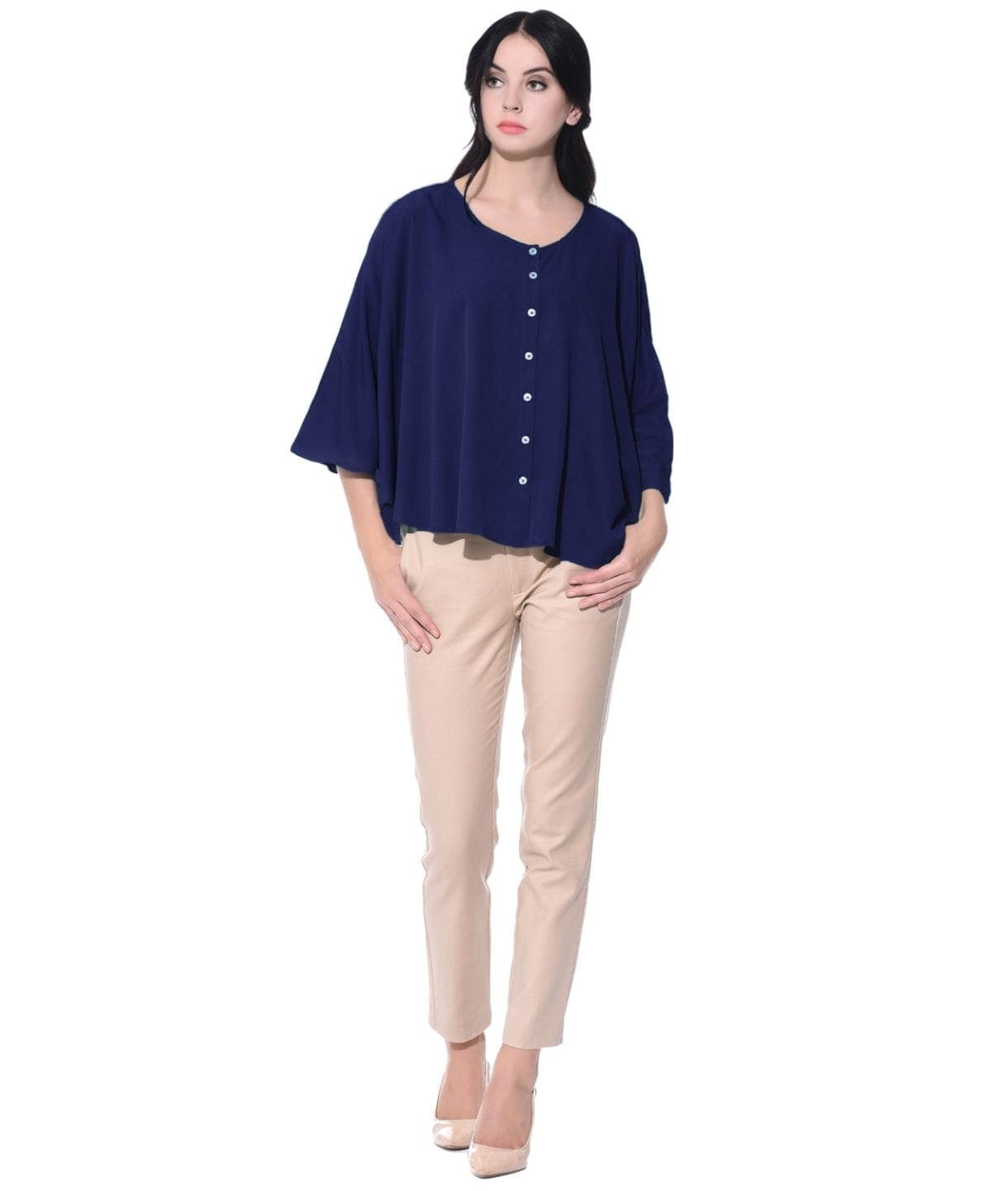 Navy Blue Buttoned Crepe Cape Top - Uptownie