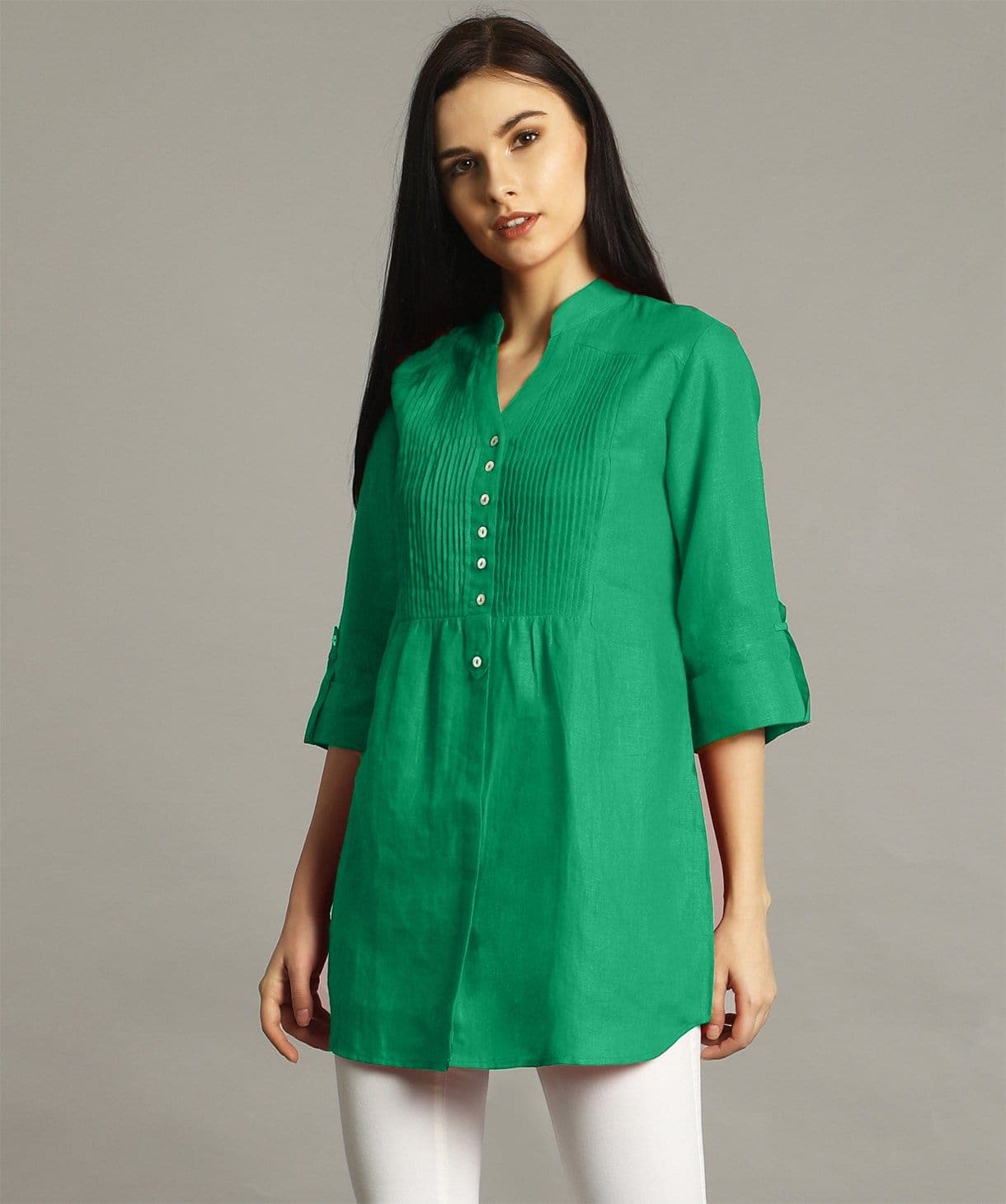 Green Pleated Yoke Roll-Up Tunic - Uptownie