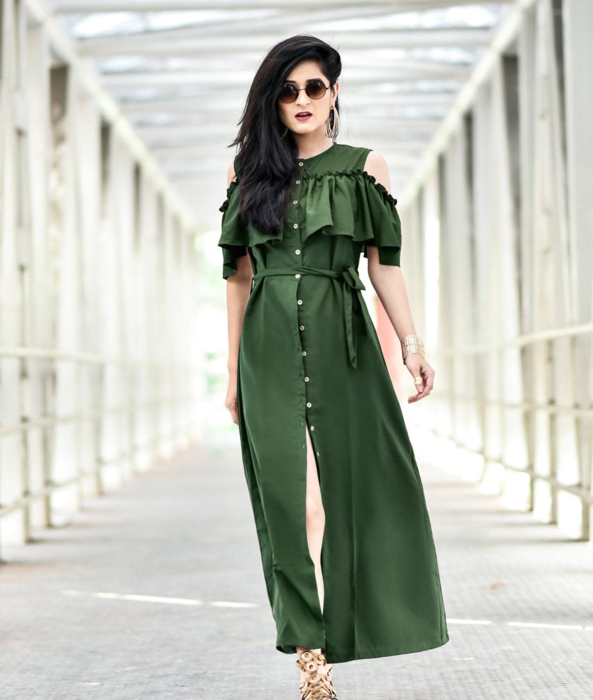 Ruffled Buttoned Cold Shoulder Maxi Dress - Uptownie