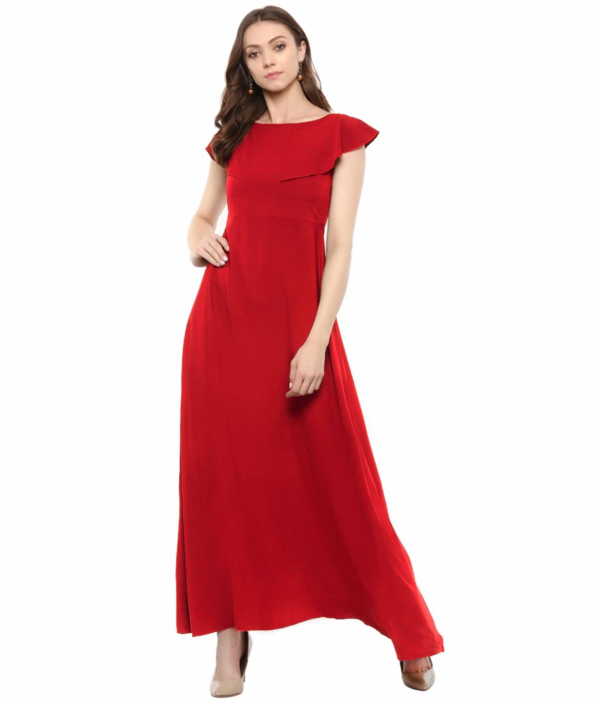 Plus Red Solid Crepe Ruffled Maxi Dress/Gown - Uptownie
