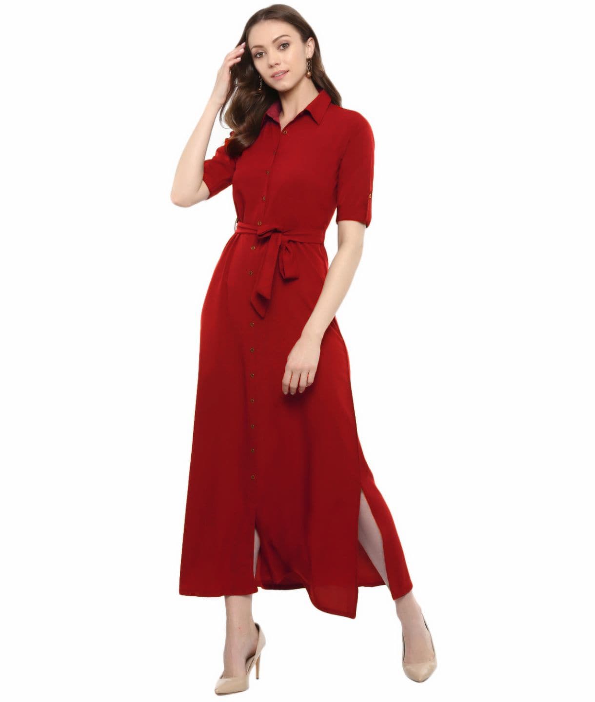 Plus Red Solid Crepe Collar Buttoned Down Shirt Maxi Dress - Uptownie
