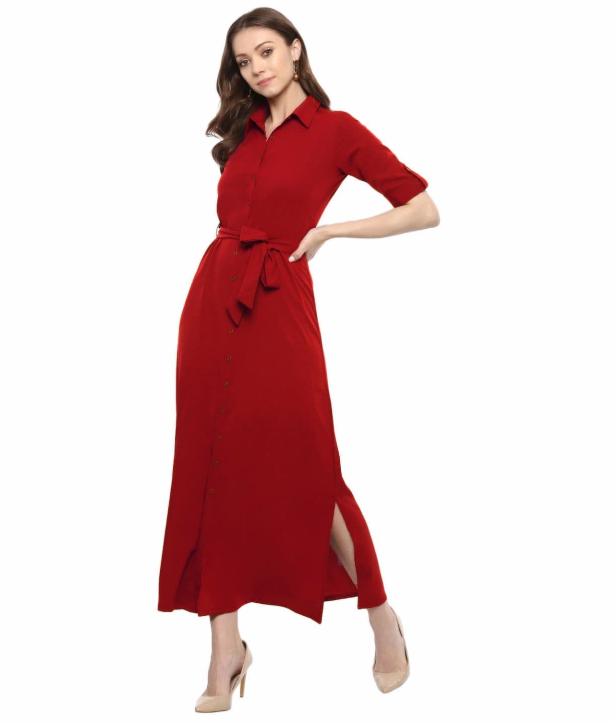 Plus Red Solid Crepe Collar Buttoned Down Shirt Maxi Dress - Uptownie