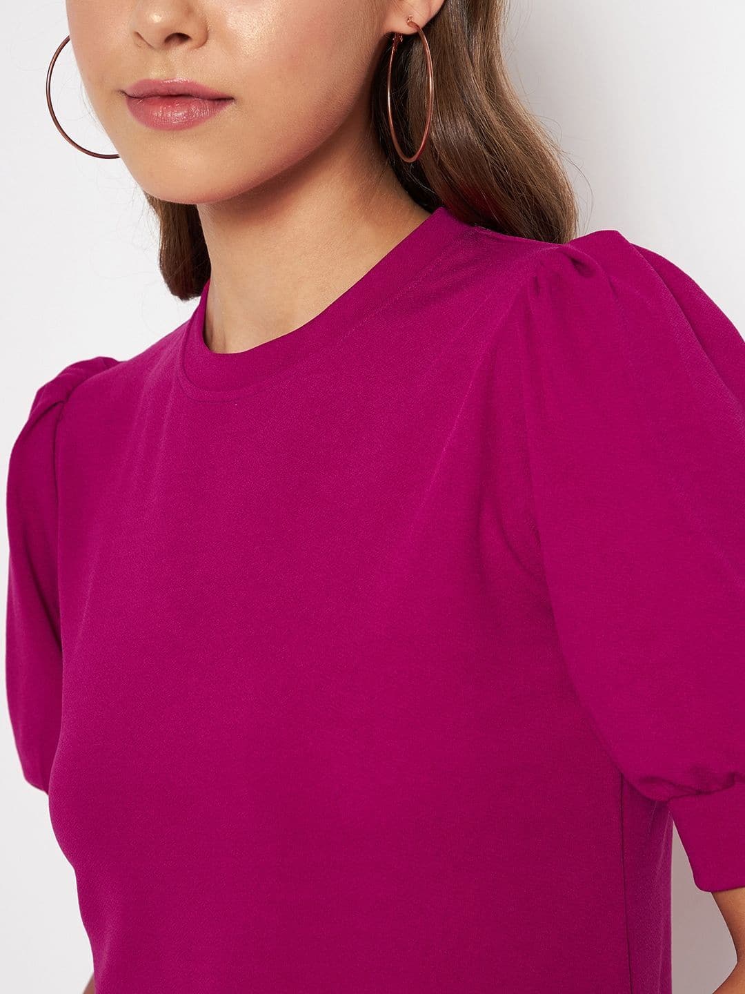 Cotton Solid Stretchable High Neck Puff Sleeve Top - Uptownie