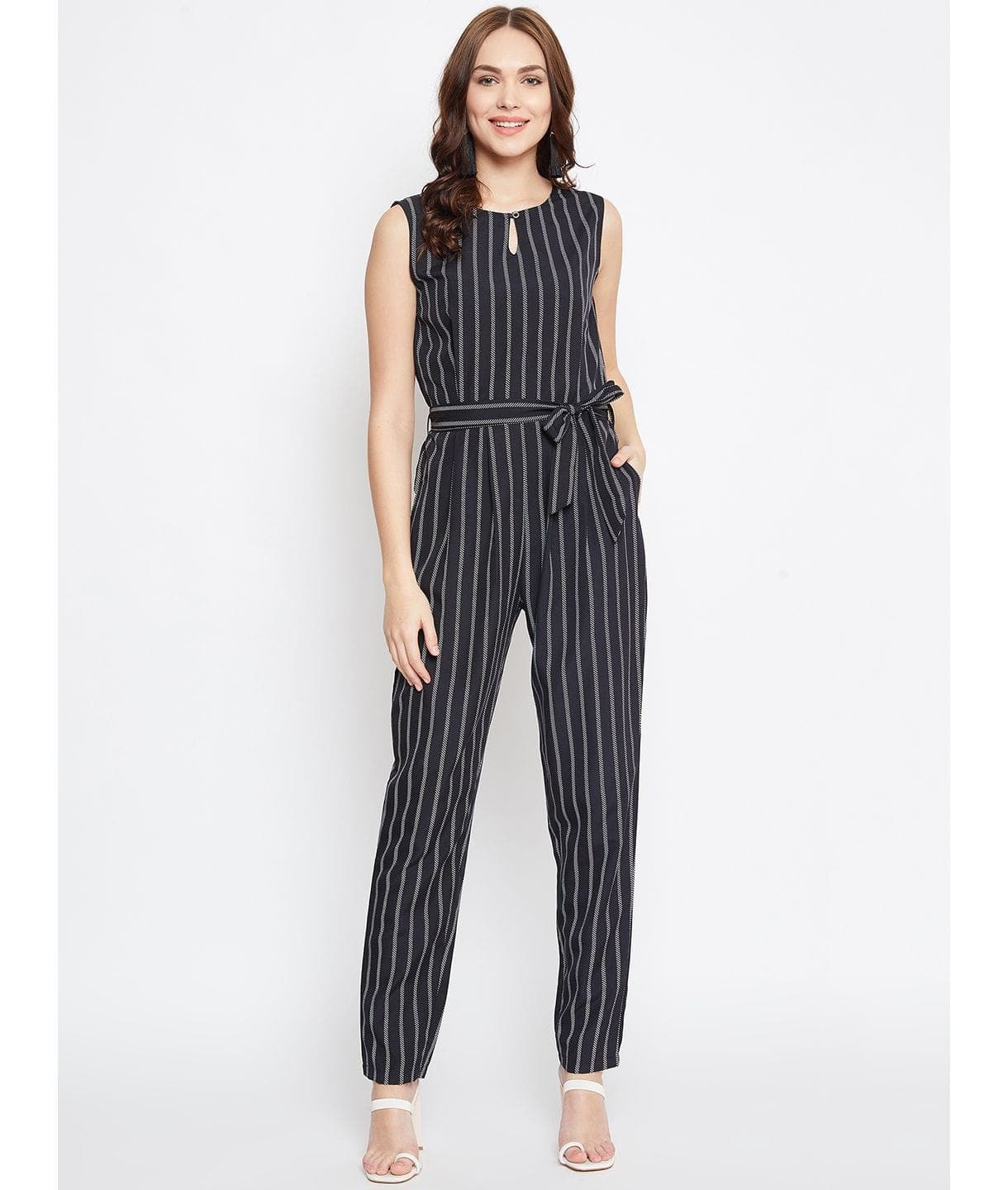 Striped Keyhole Jumpsuit with Belt - Uptownie