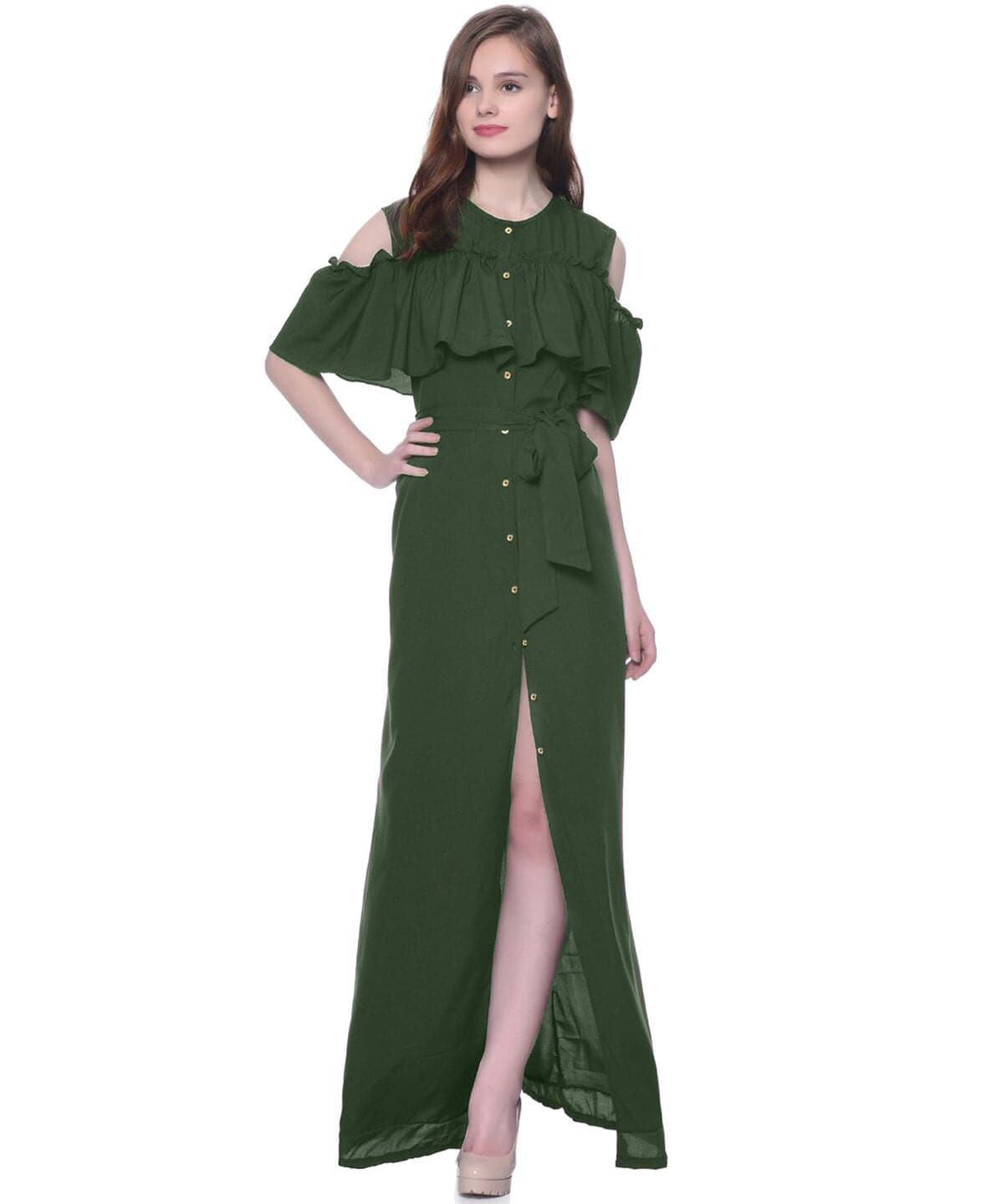 Plus Ruffled Buttoned Cold Shoulder Green Maxi Dress - Uptownie